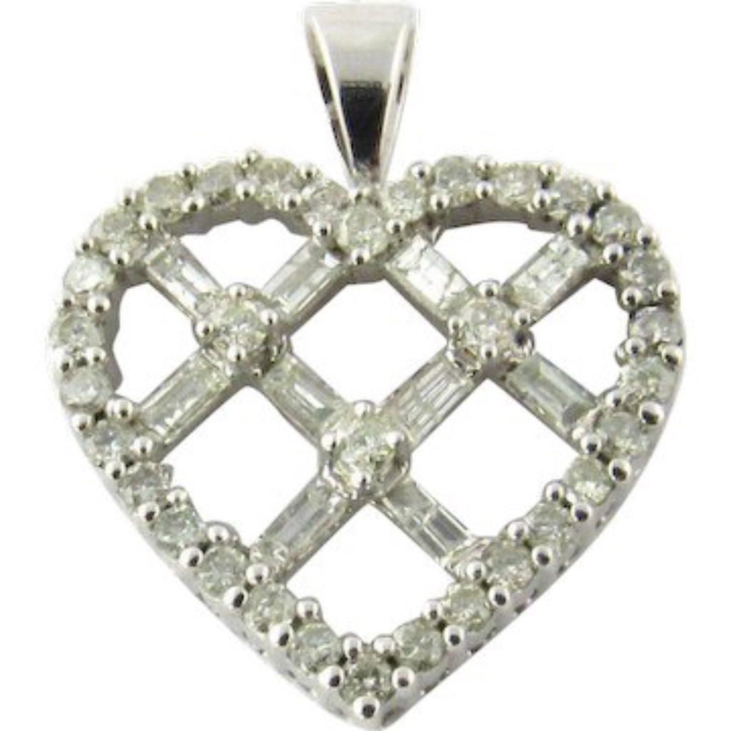 Vintage 14k White Gold Diamond Criss Cross Heart Pendant 1386 703$